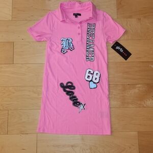 NEW Girl's Pink Polo Dress sz 10 with Graphic Patches Love Dreamer Ribbed Fabric
